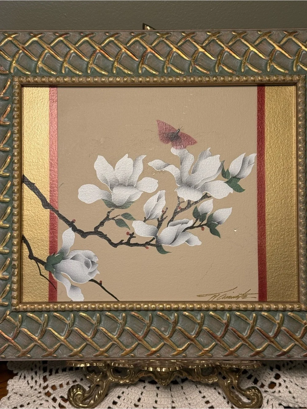 Vintage Original Signed Oil Painting Magnolia Branch Butterfly Floral Framed